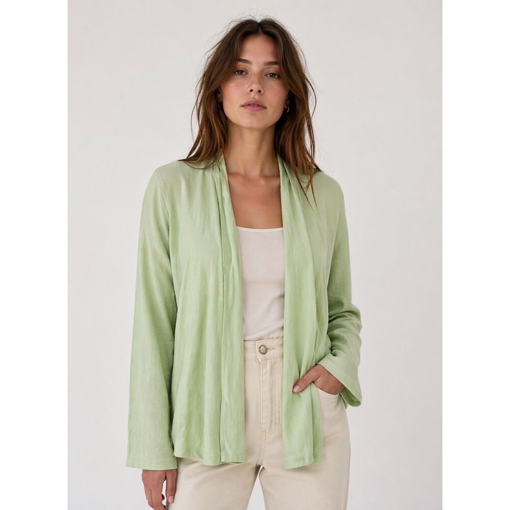 Eileen Fisher Light Spring Green Open Front Long Sleeve Cardigan